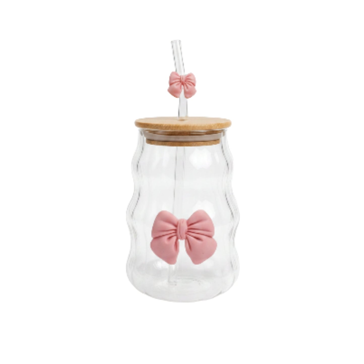 Ribbed Wavy Bamboo Lid Glass Can With Bow & Straw - Large 480ml Pink On White Background