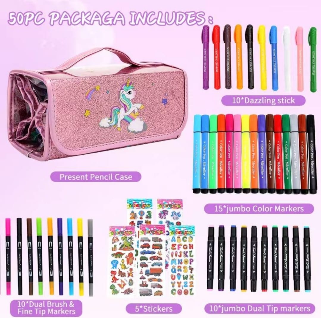 50pc Glitter Pencil Case Set