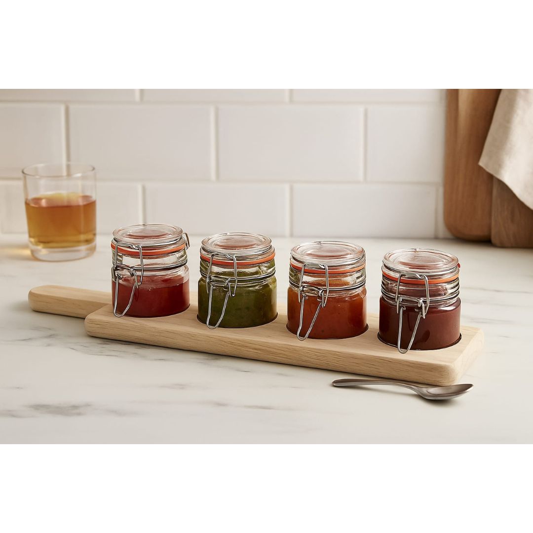 Danny Home 4pc Glass Clip Jar On Bamboo Board 120ml