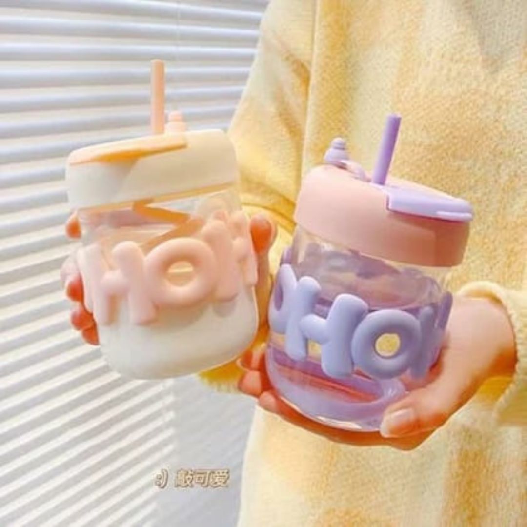 Glass Cup With Straw And Silicone Band 350ml
