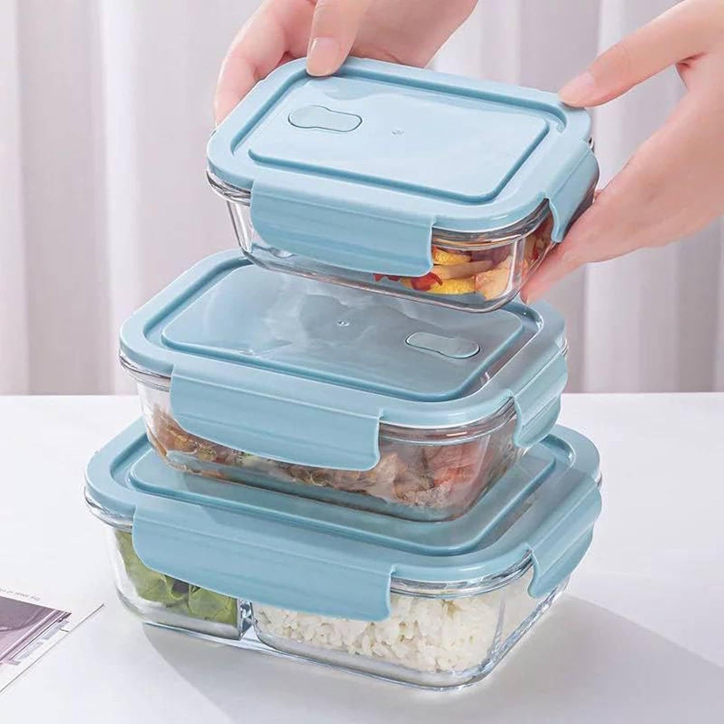 3pc Glass Food Storage With Colour Clip Lid