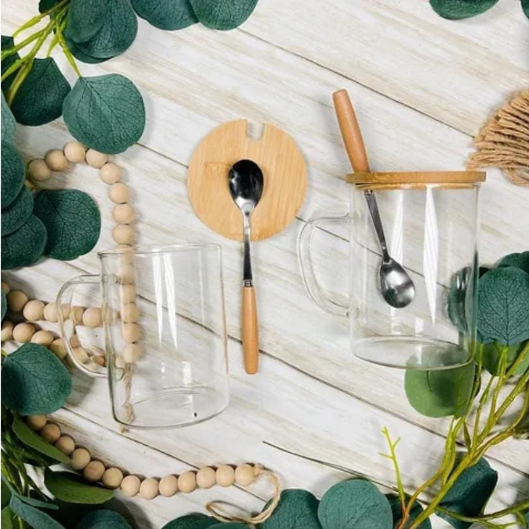 Glass Mug With Bamboo Lid And Stainless Steel Spoon