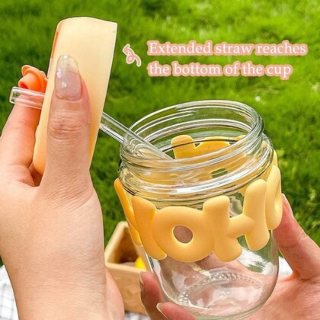 Glass Cup With Straw And Silicone Band 350ml