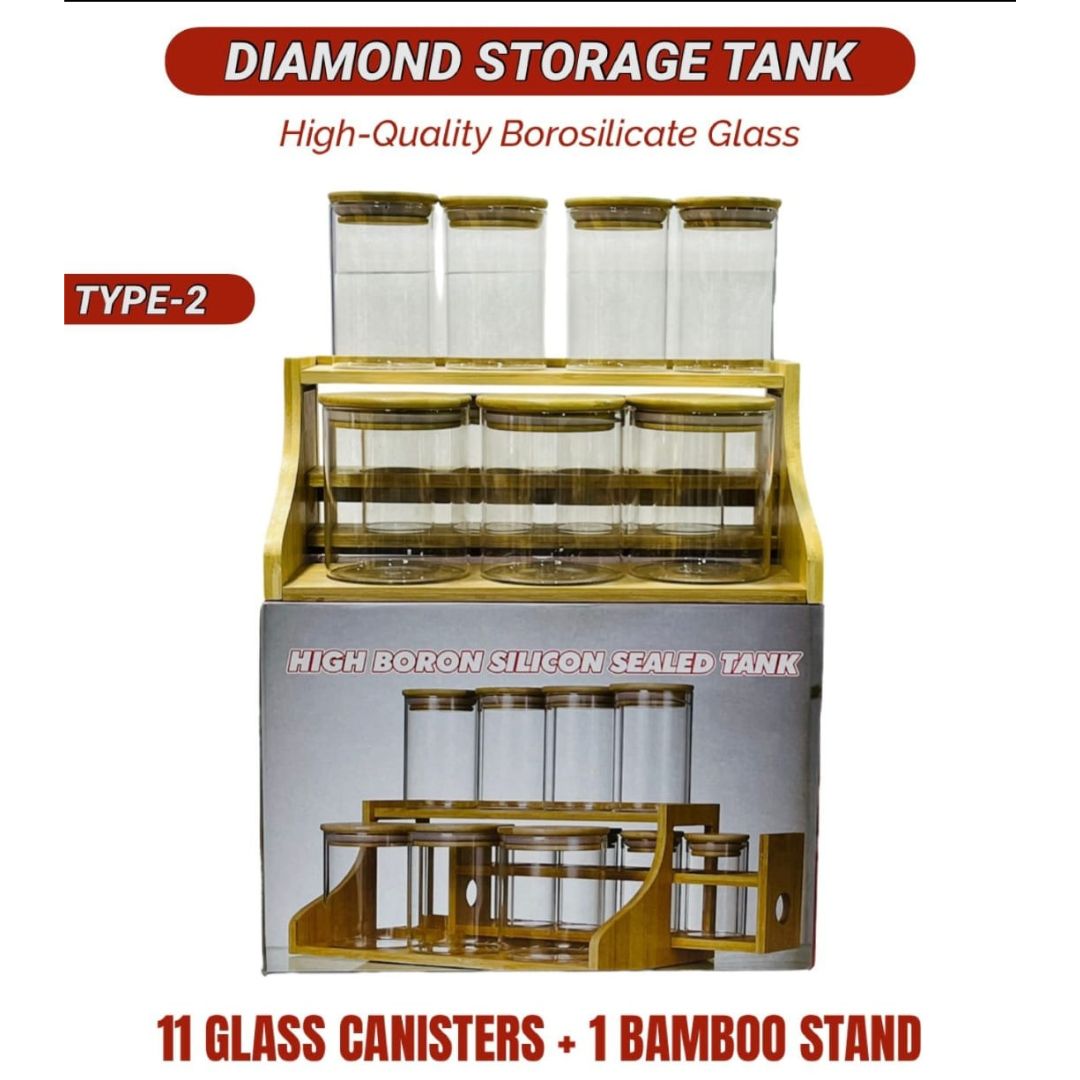11pc Bamboo Glass Jar On Stand