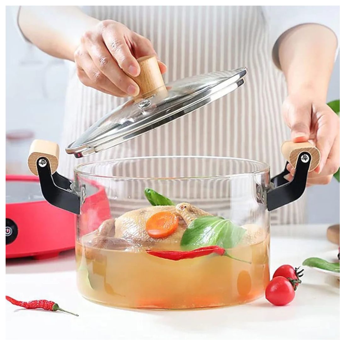 Glass Cooking Pot With Bamboo Handle