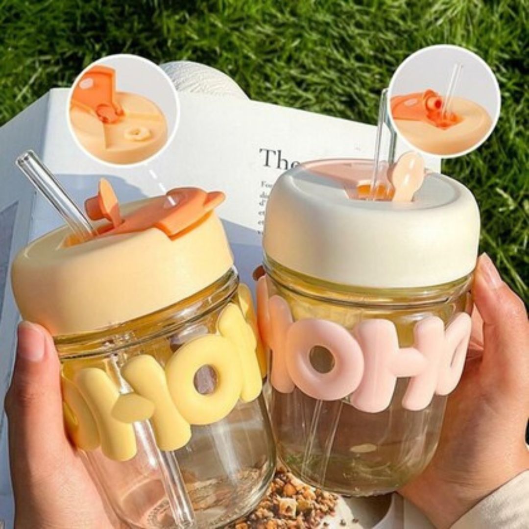 Glass Cup With Straw And Silicone Band 350ml