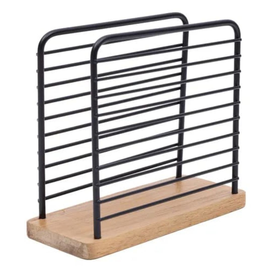 Metal Vertical Napkin Holder With Bamboo Bottom 14x12cm