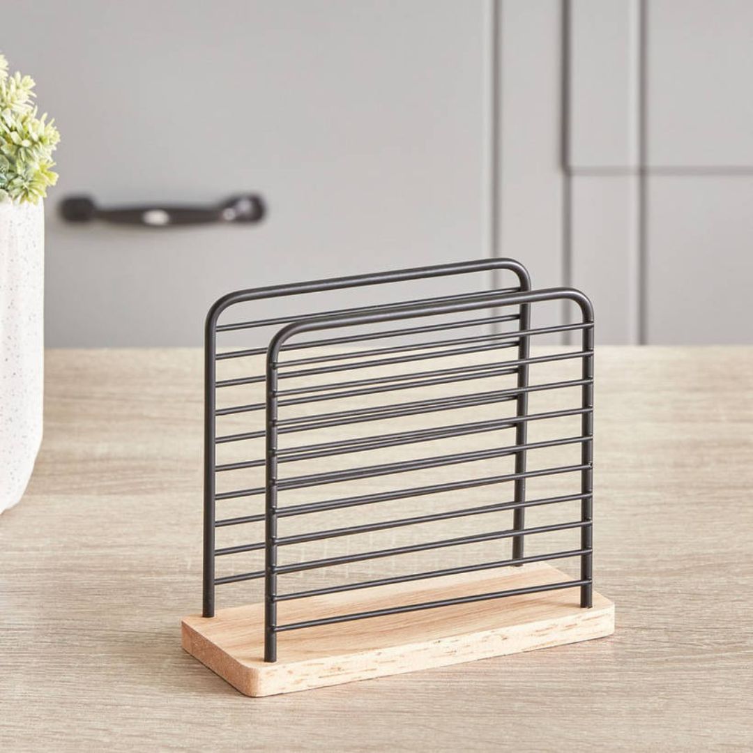 Metal Vertical Napkin Holder With Bamboo Bottom 14x12cm