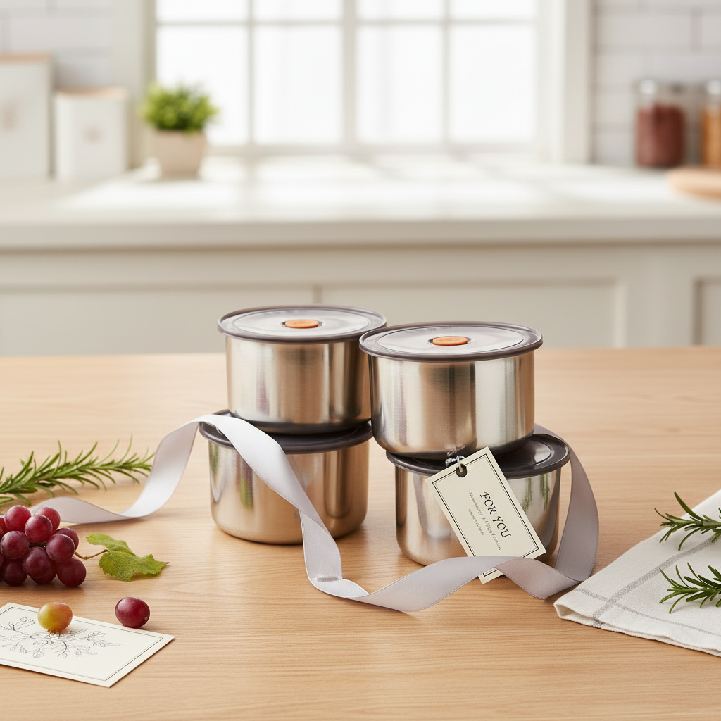 4pc Stainless Steel Round Crisper Box Set 12x6cm