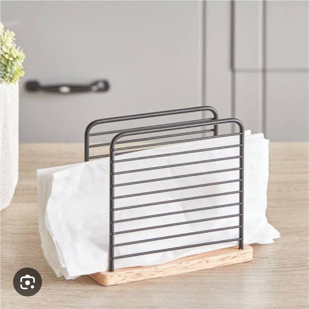 Metal Vertical Napkin Holder With Bamboo Bottom 14x12cm