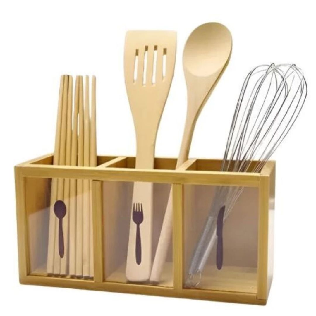 Wooden 3 Division Utensil Holder