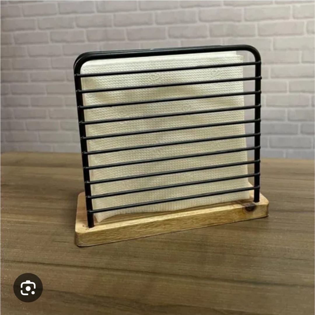 Metal Vertical Napkin Holder With Bamboo Bottom 14x12cm