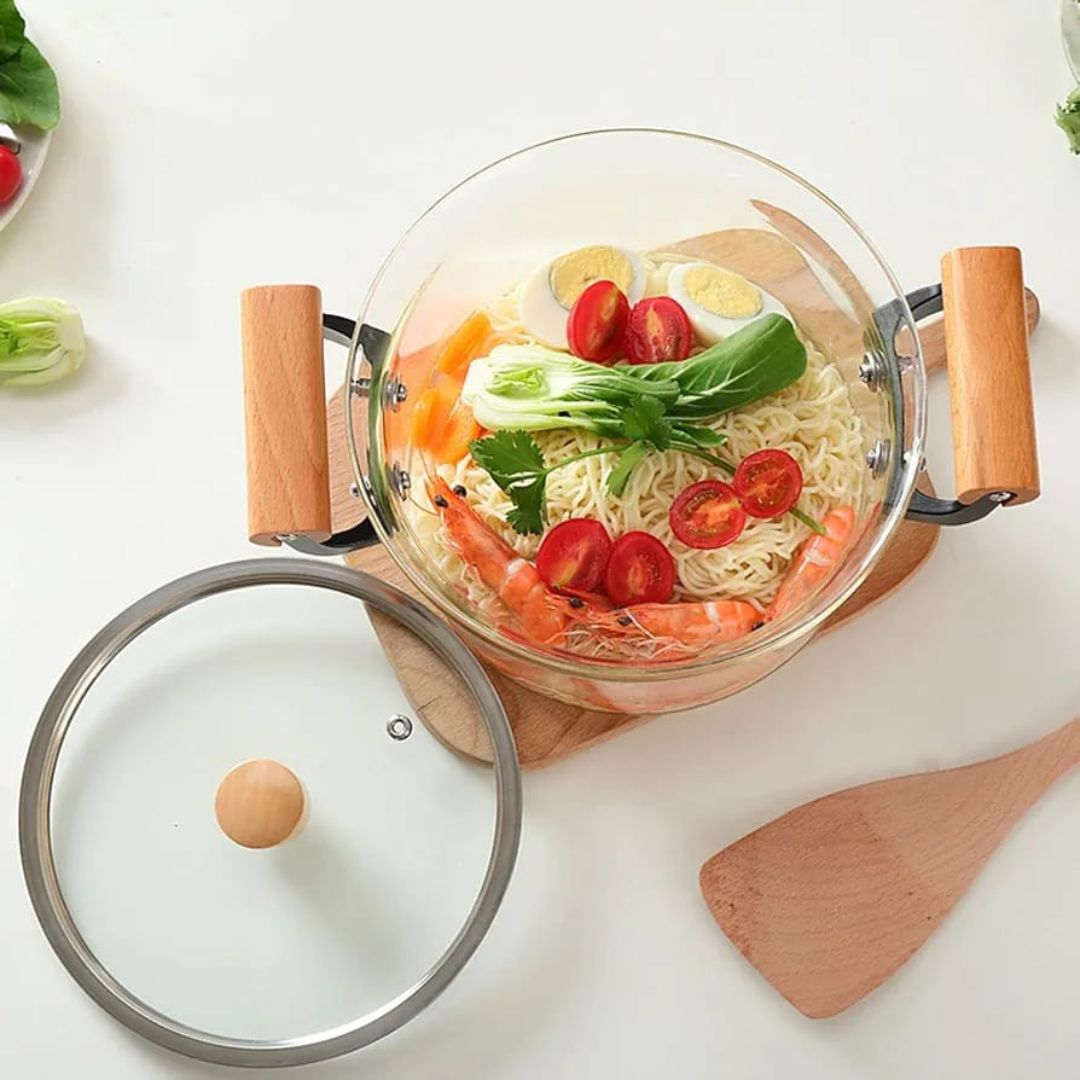 Glass Cooking Pot With Bamboo Handle