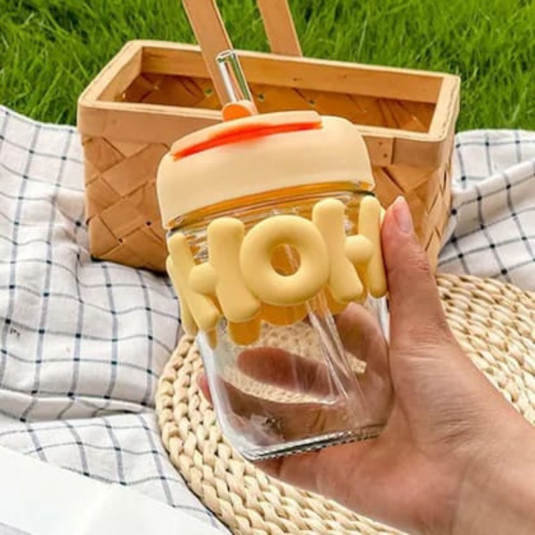 Glass Cup With Straw And Silicone Band 350ml