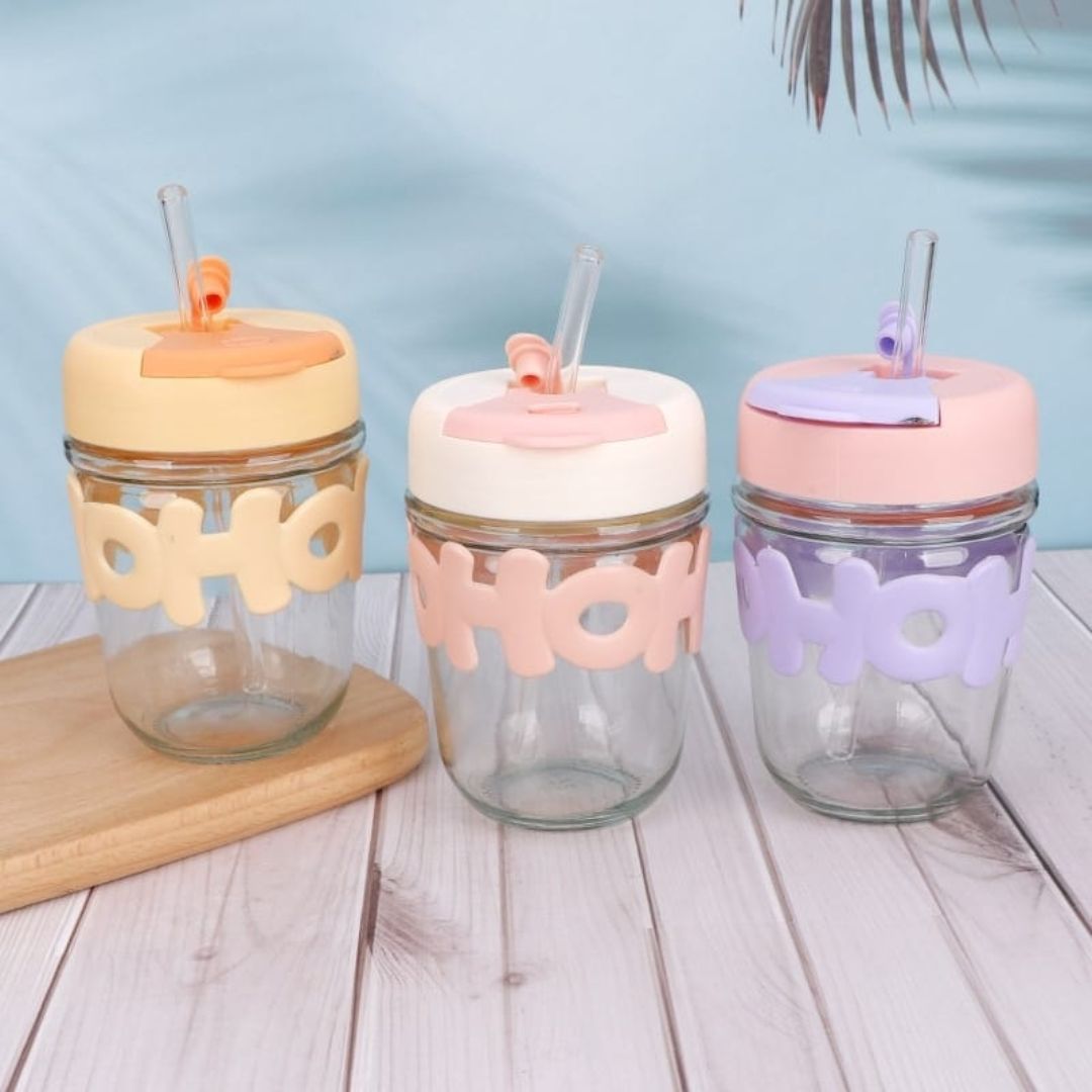 Glass Cup With Straw And Silicone Band 350ml