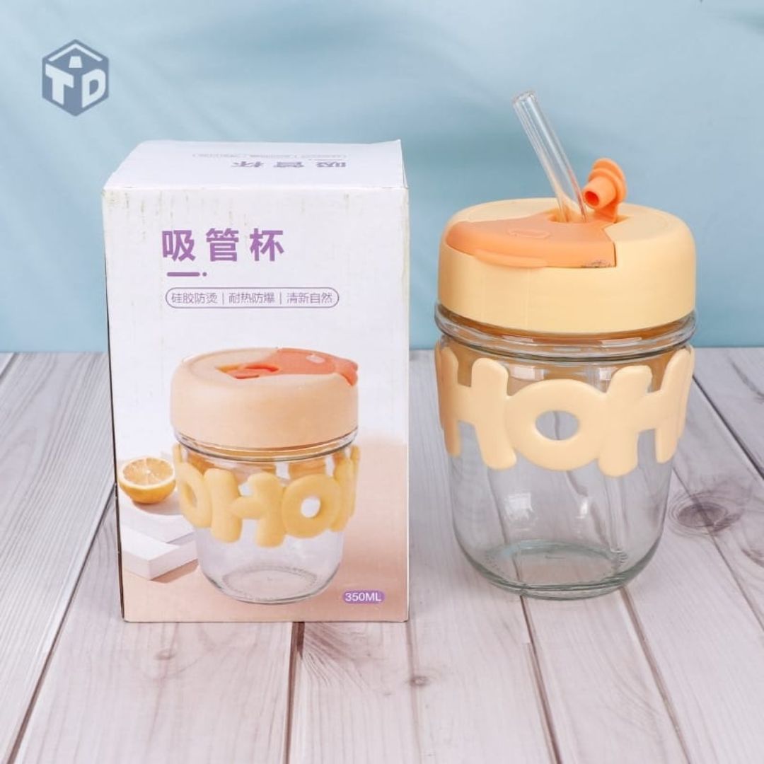 Glass Cup With Straw And Silicone Band 350ml