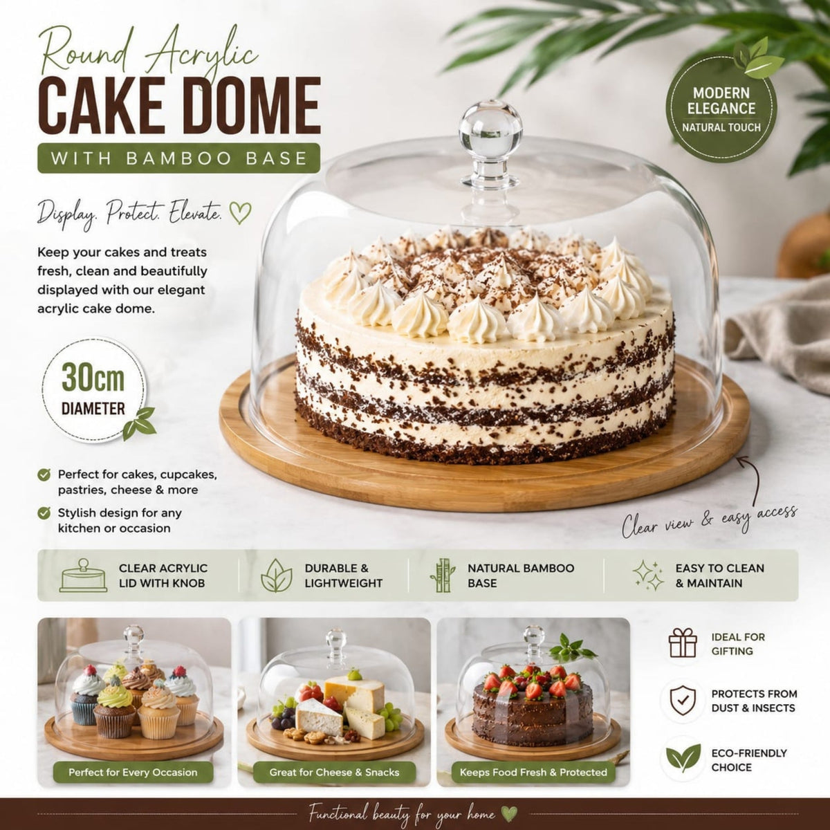 Round Acrylic Cake Dome – Clear Cover With Wooden Serving Base – Elegant Food Display Design