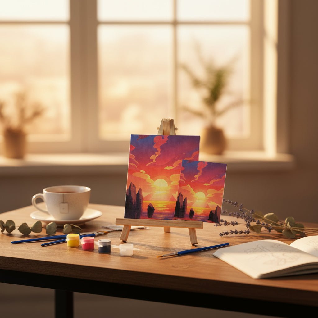 Small Canvas With Easel Board And Paint Set - Mountain Sunset