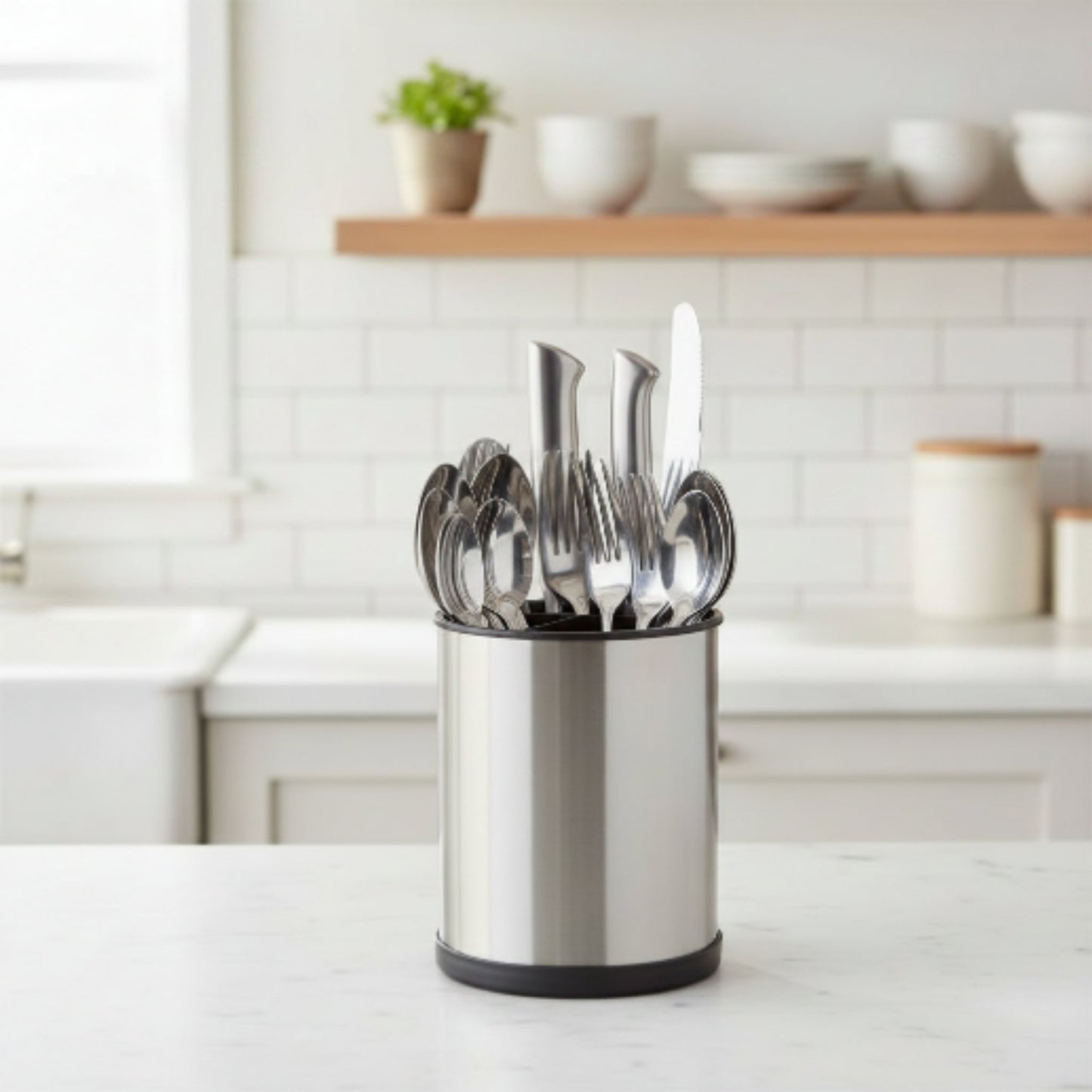 Stainless Steel Round Cutlery Holder – Kitchen Utensil Storage Container for Spoons, Forks, Knives & Tableware