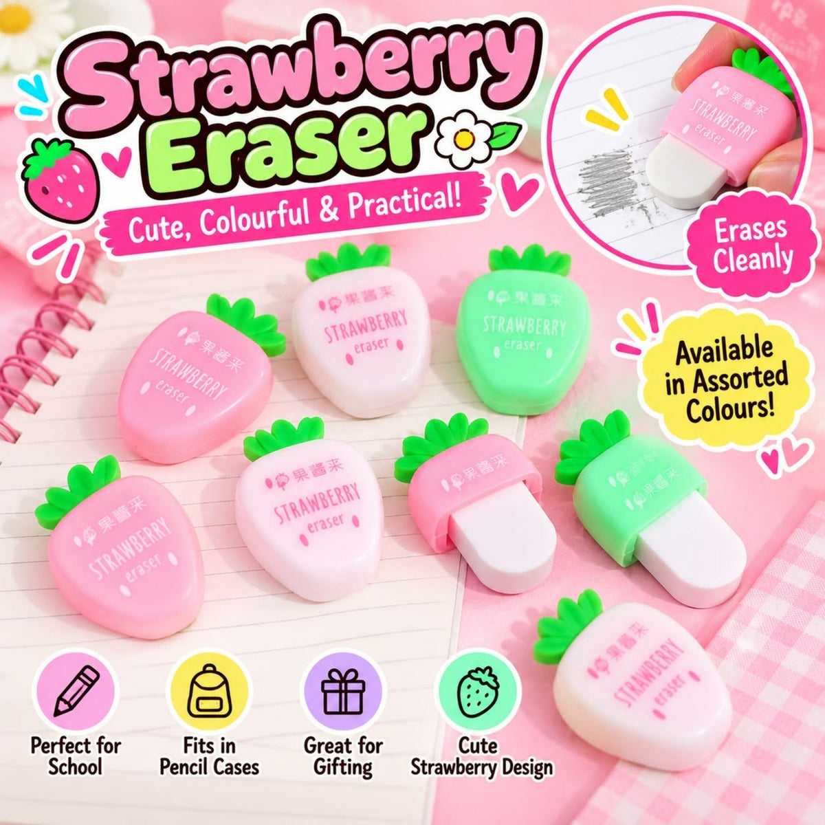 Strawberry Eraser – Cute Novelty Stationery Eraser – Strawberry Design
