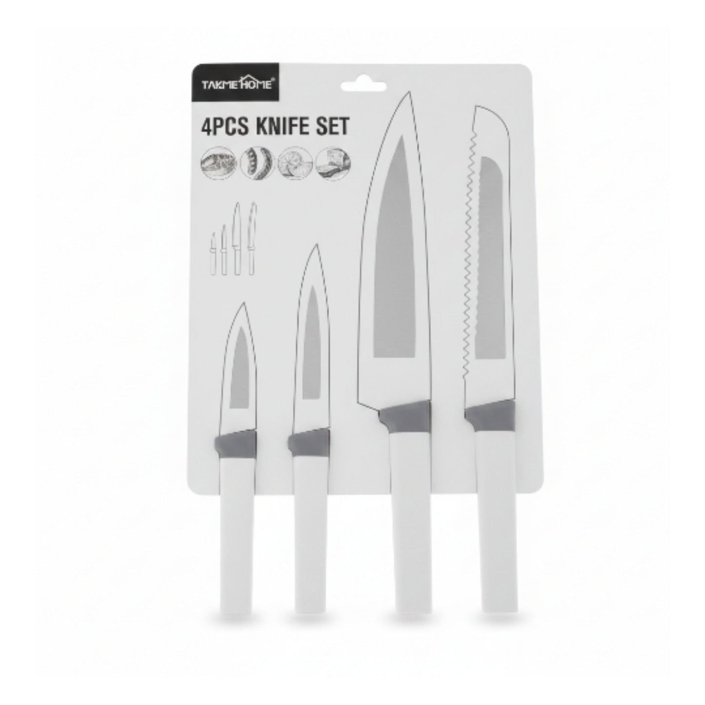 4-Piece Takmehome Stainless Steel Kitchen Knife Set with Matte Silicone Handles On White Background