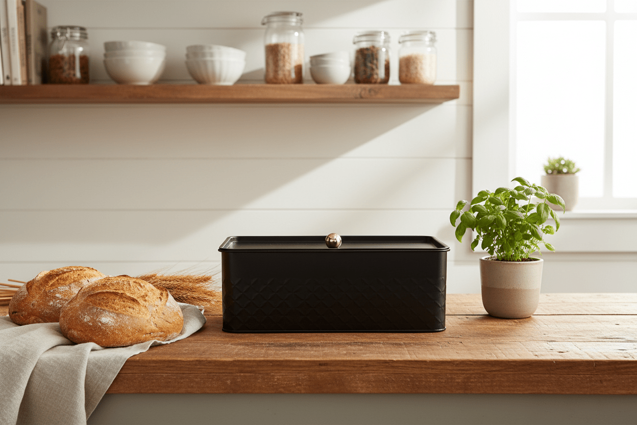 Takmehome Rectangle Metal Kitchen Storage Bread Box With Modern Farmhouse Design - Black