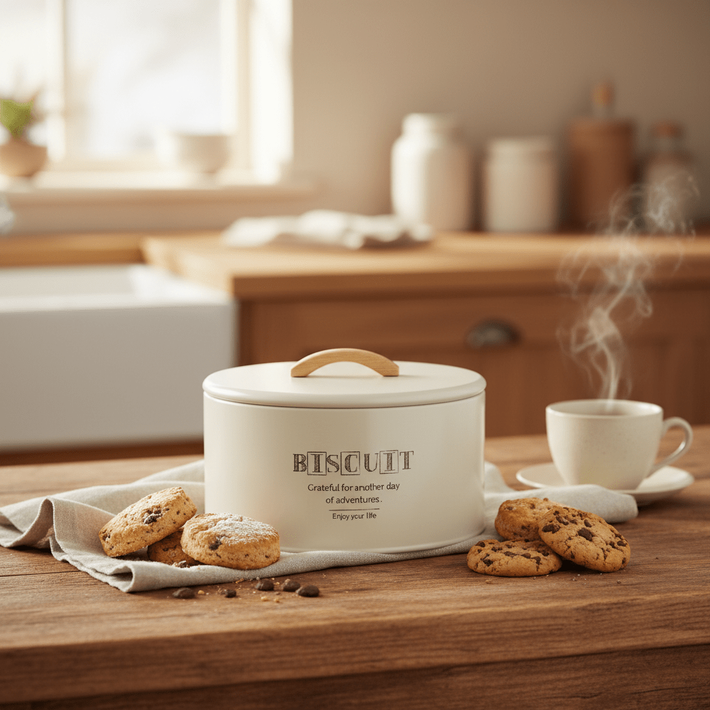 Takmehome Round Metal Biscuit Tin With Wooden Handle - Cream