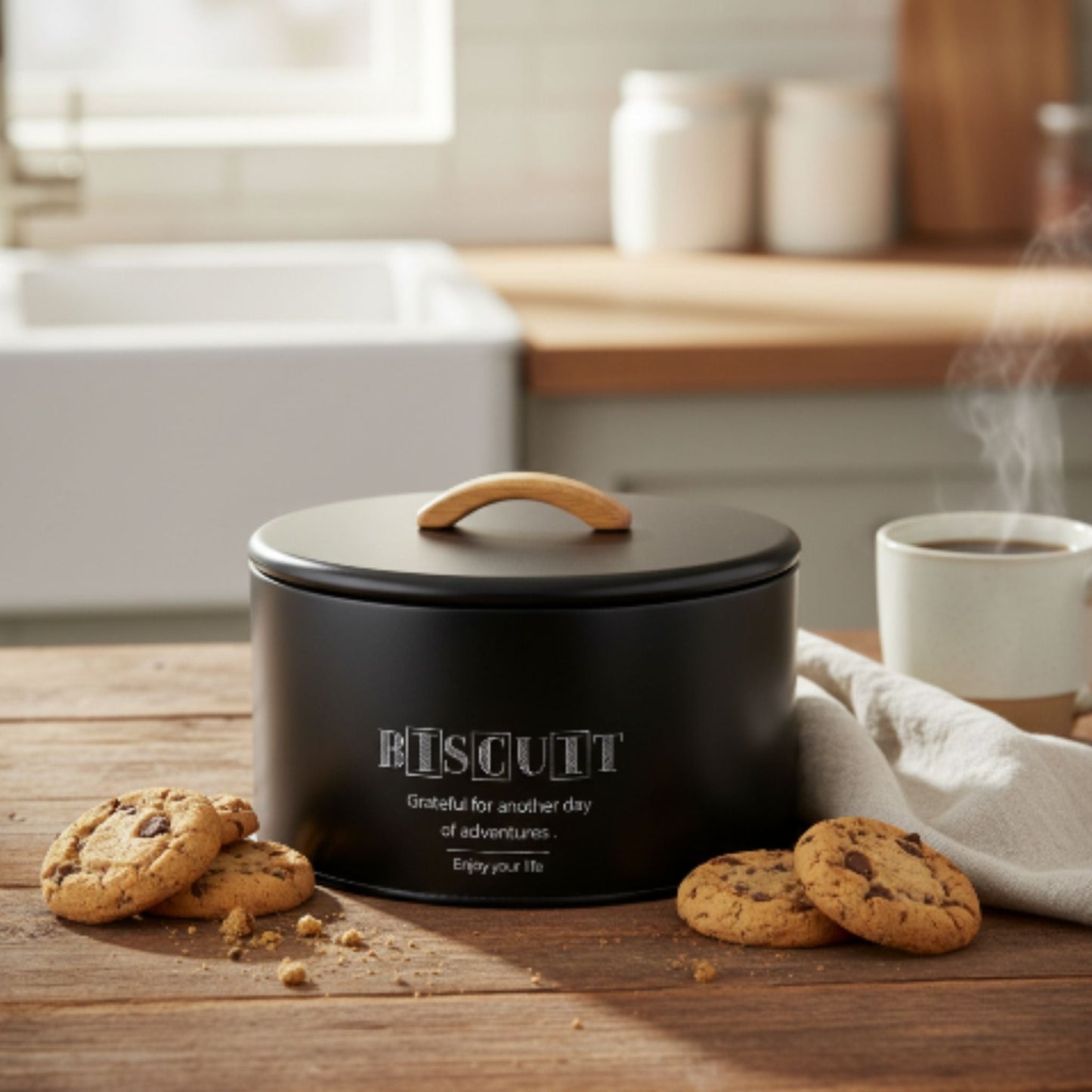 Takmehome Round Metal Biscuit Tin With Wooden Handle - Black Lifestyle