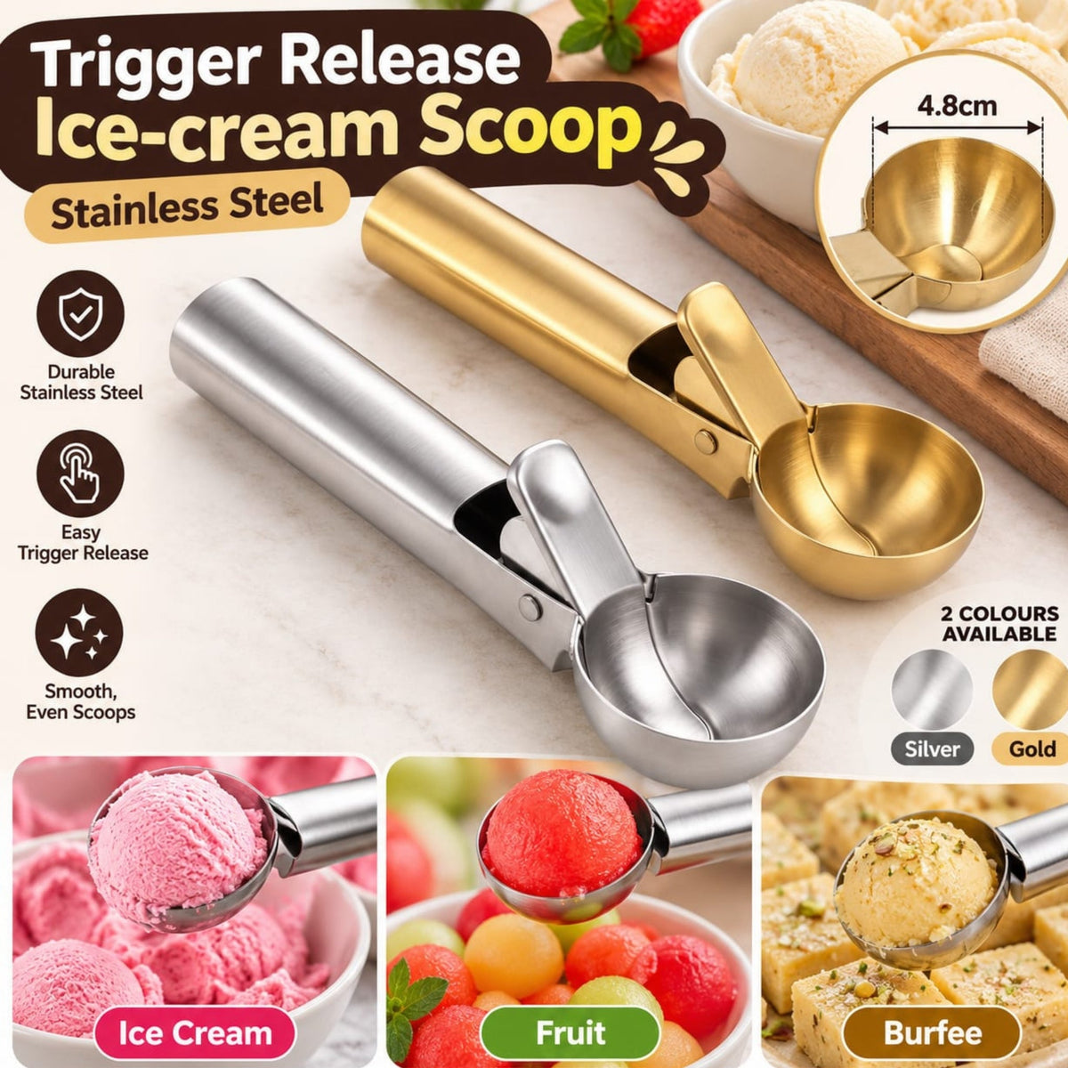 Trigger Release Ice Cream Scoop – Stainless Steel Scoop With Easy Squeeze Release Handle