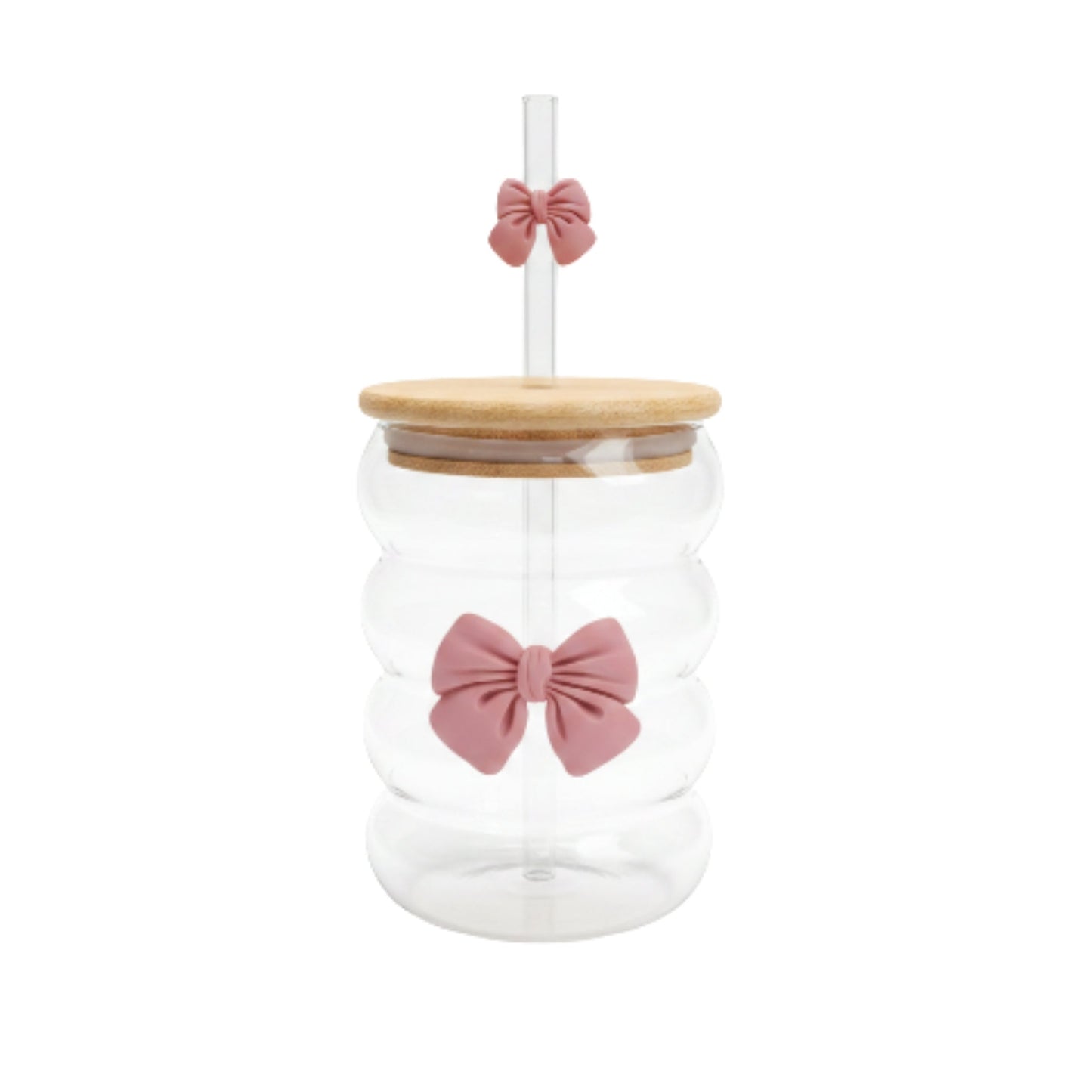 Wavy Bamboo Lid Glass Can With Bow & Straw - Small Pink On White Background