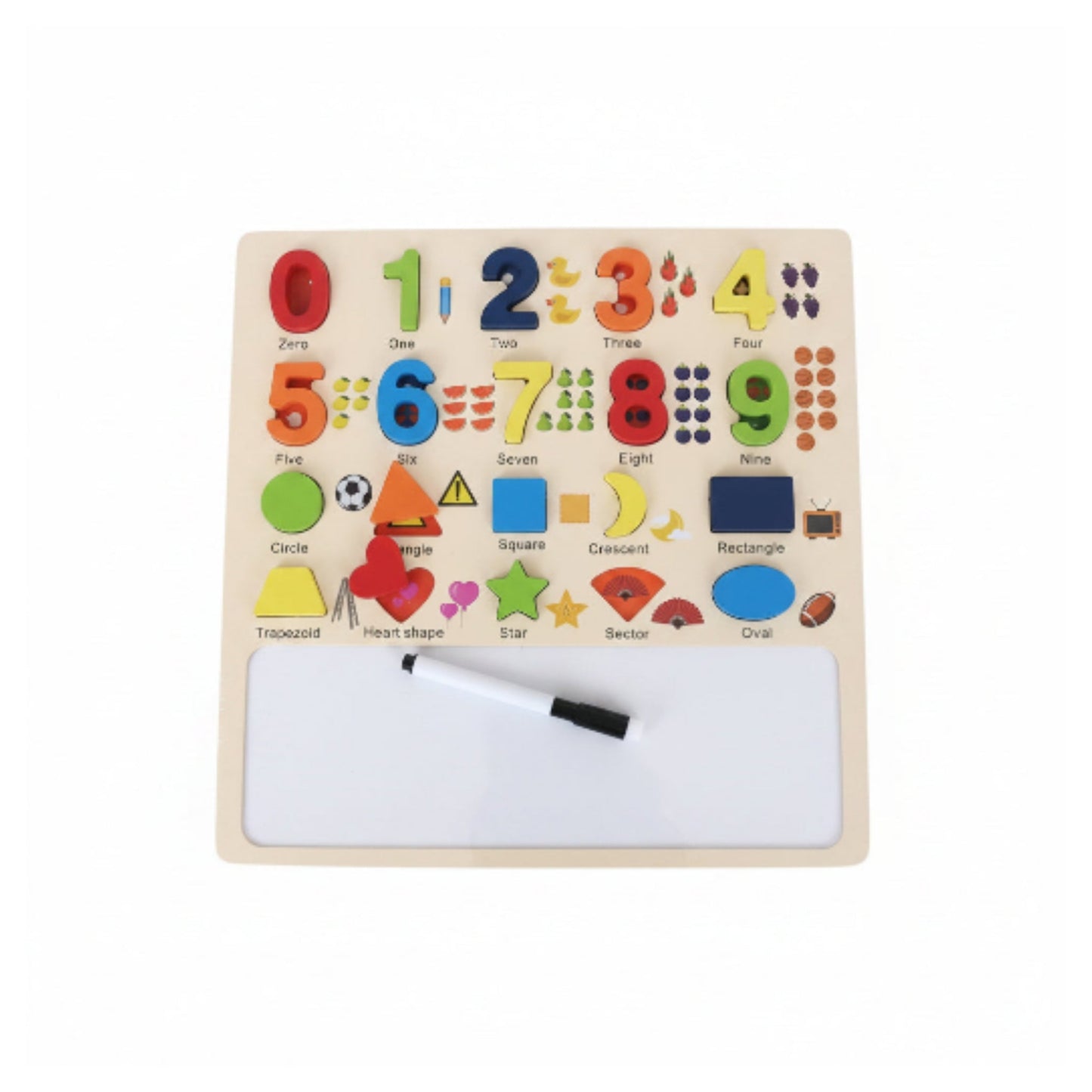 Wooden Educational Number & Shape Matching Puzzle with Whiteboard