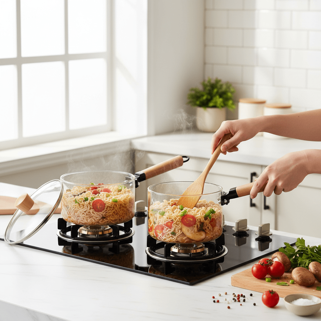 1.8L Glass Stove Top Sauce Pot with Lid – Heat-Resistant Cooking Pot Lifestyle