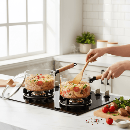 1.8L Glass Stove Top Sauce Pot with Lid – Heat-Resistant Cooking Pot Lifestyle