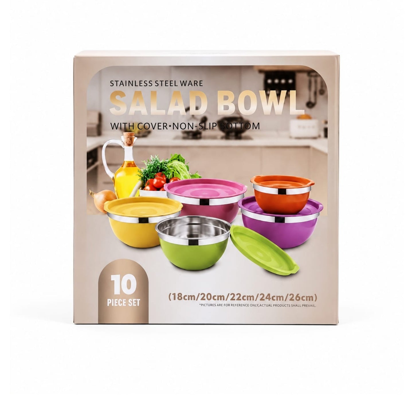 10pc Rainbow Stainless Steel Bowls with Lids- Colourful Bottom