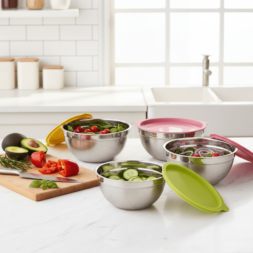10pc Rainbow Stainless Steel Bowls with Lids - Silver Bottom