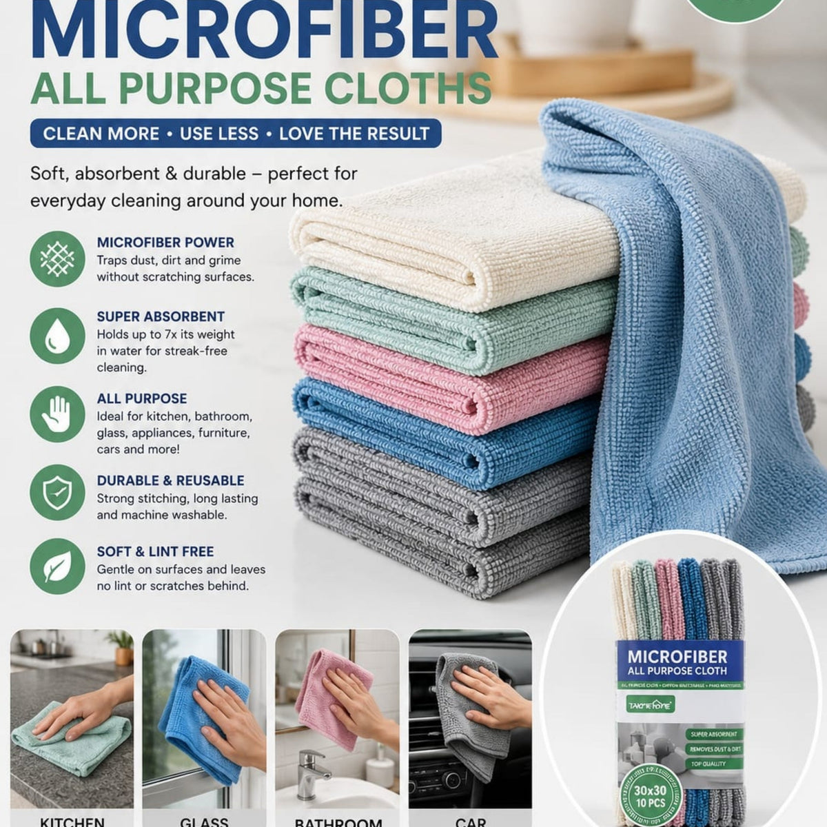 10-Piece Takmehome Microfibre All-Purpose Cleaning Cloth Set - Reusable Cleaning Cloths 30×30cm