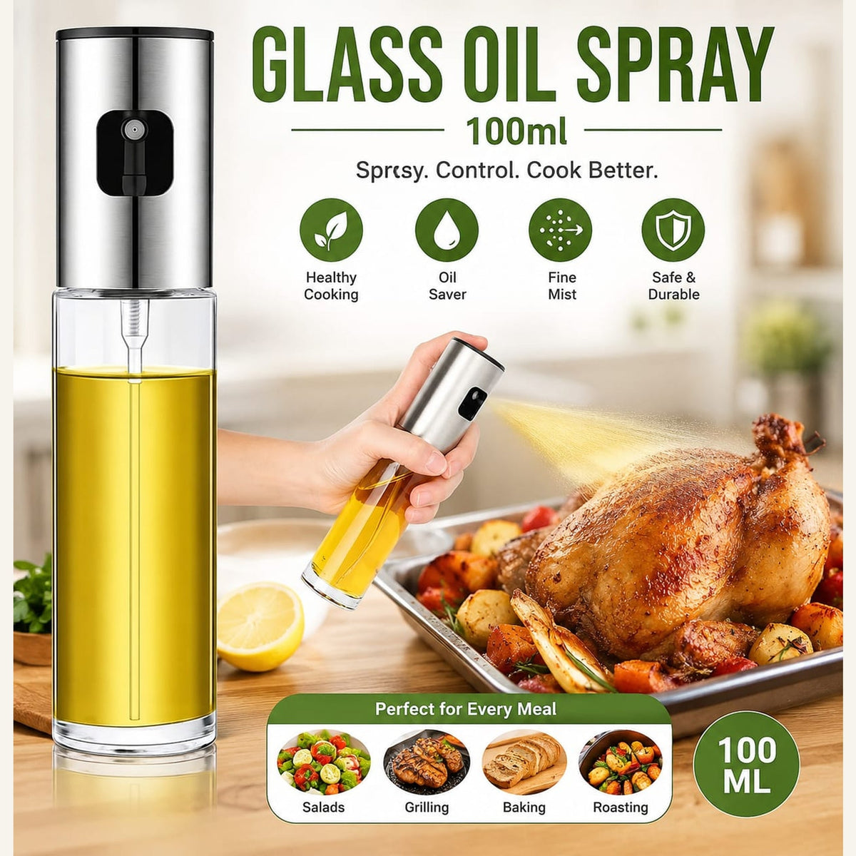 100ml Glass Olive Oil Sprayer Bottle – Refillable Cooking Oil Mister for Kitchen, Air Fryer & BBQ