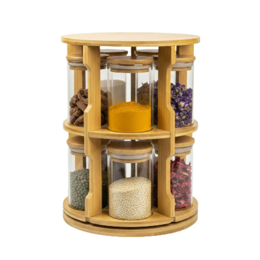 10pc Bamboo Rotating Organiser With Glass Jars