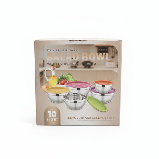 10pc Rainbow Stainless Steel Bowls with Lids - Silver Bottom