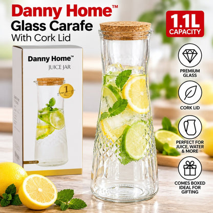 1.1L Danny Home Glass Carafe – Cork Lid Beverage Serving Bottle