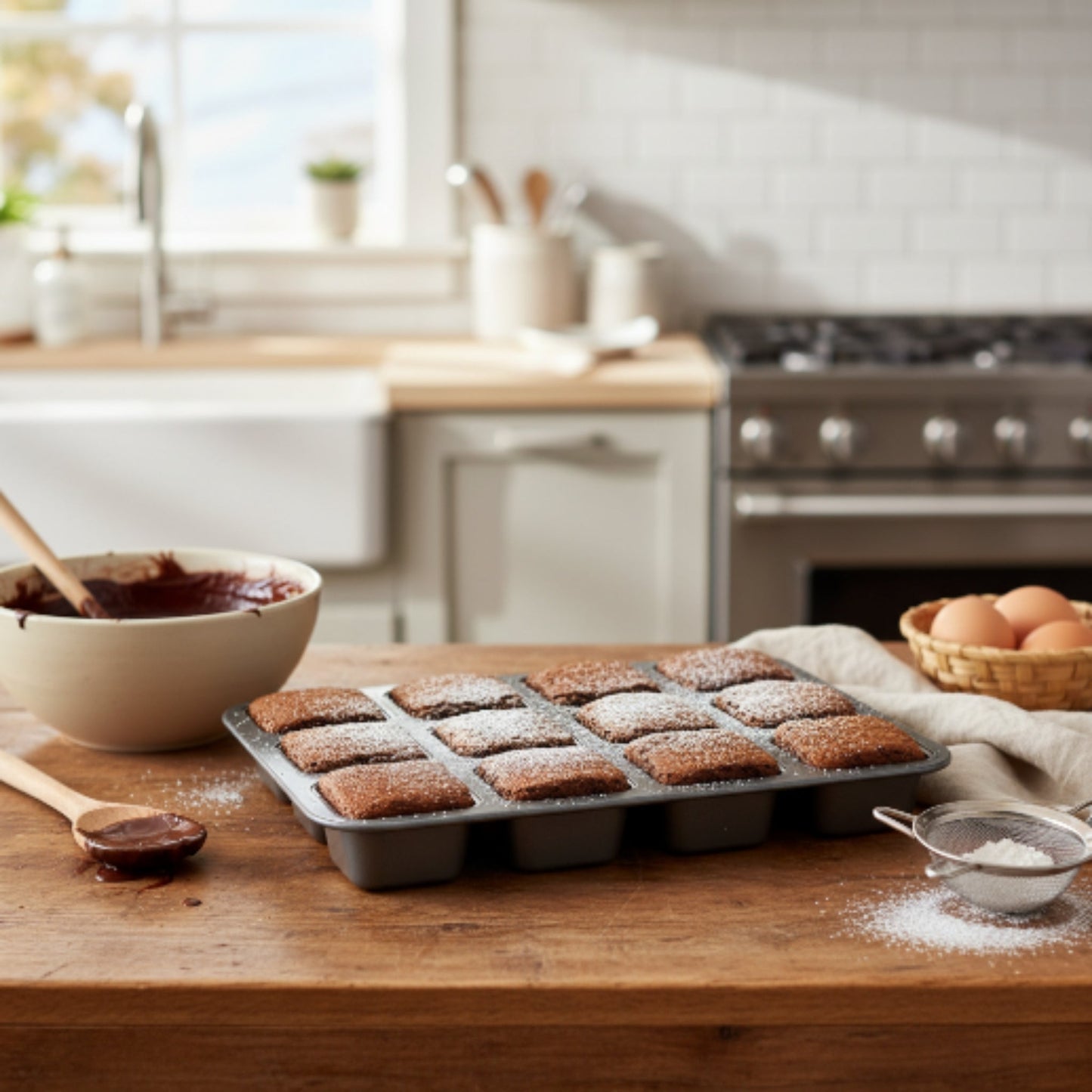 12-Cup Non-Stick Square Cake Pan – Baking Tray for Cakes, Brownies, Cupcakes & Homemade Baking - Grey