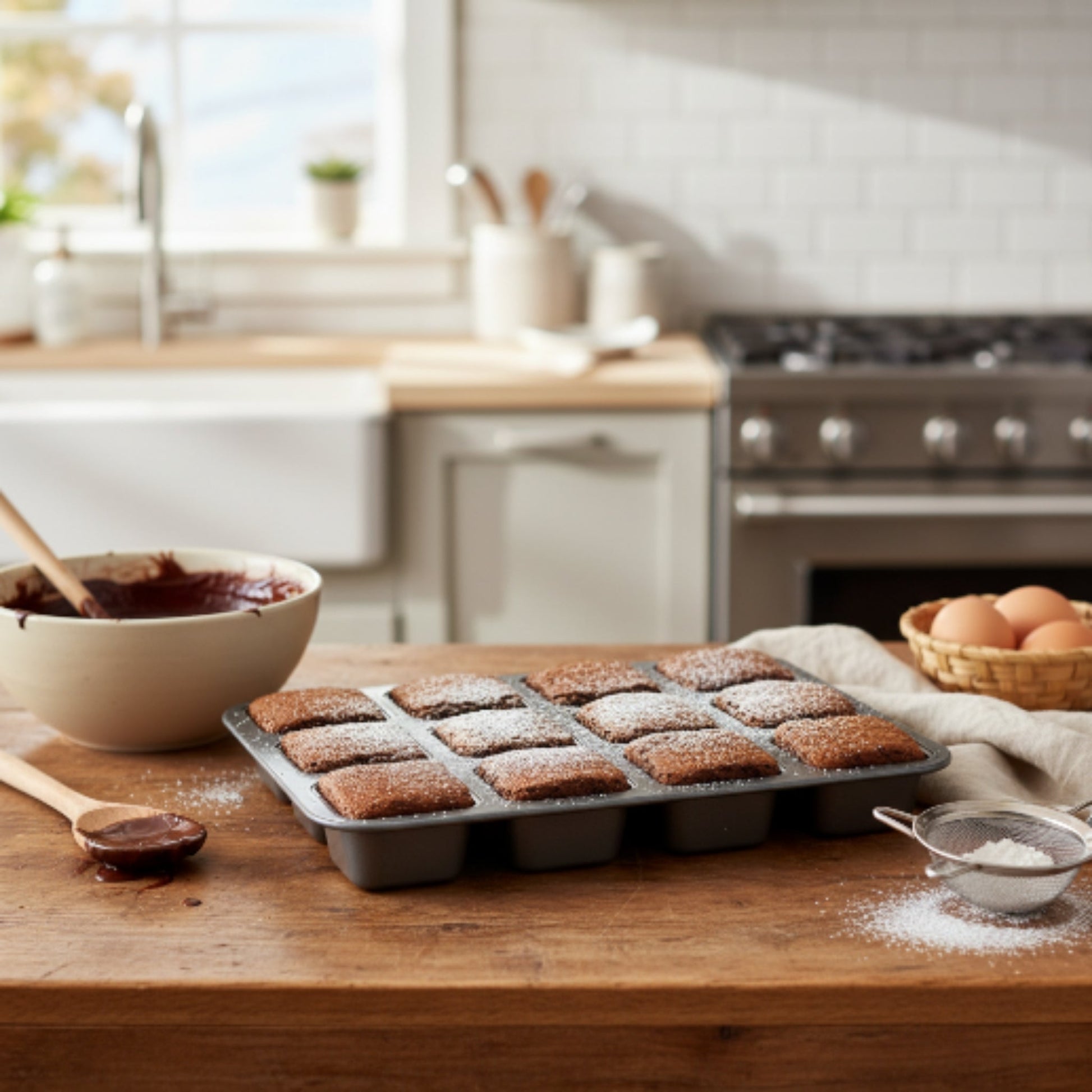 12-Cup Non-Stick Square Cake Pan – Baking Tray for Cakes, Brownies, Cupcakes & Homemade Baking - Grey