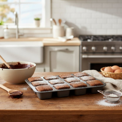 12-Cup Non-Stick Square Cake Pan – Baking Tray for Cakes, Brownies, Cupcakes & Homemade Baking - Grey