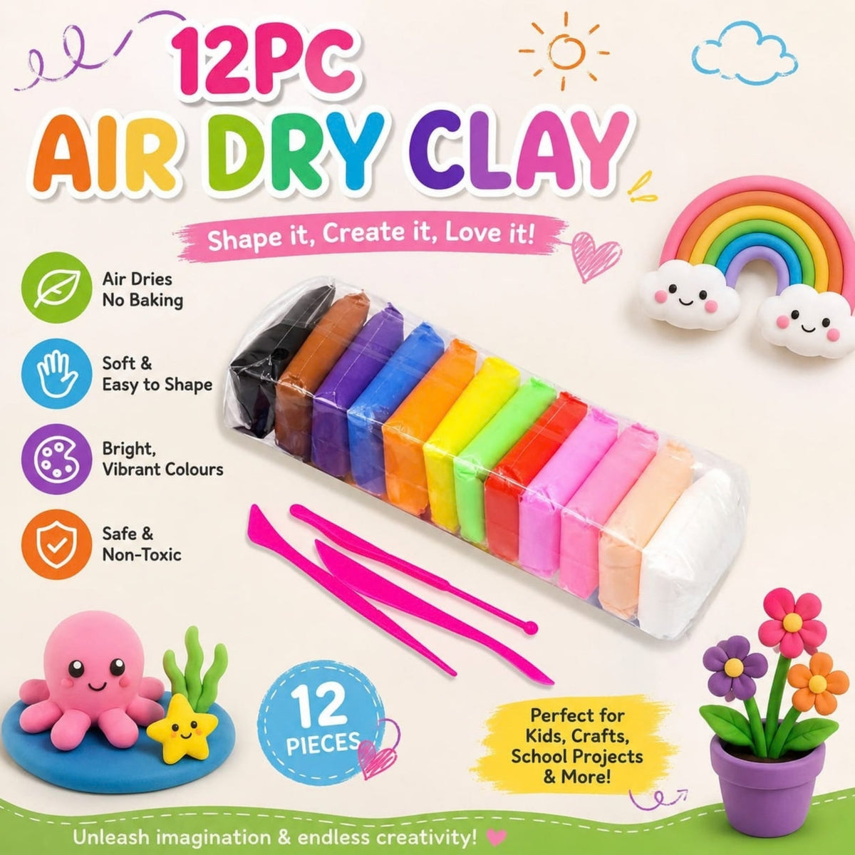 12 Piece Super Clay Set – Soft Moulding & Creative Craft Clay – Assorted Colours