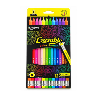 12 Piece Yalong Erasable Colour Pencils – Smooth Colouring Pencils with Eraser Tips