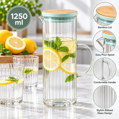 1250ml Glass Water Jug – Large Capacity Beverage Serving Jug with Easy-Pour Spout