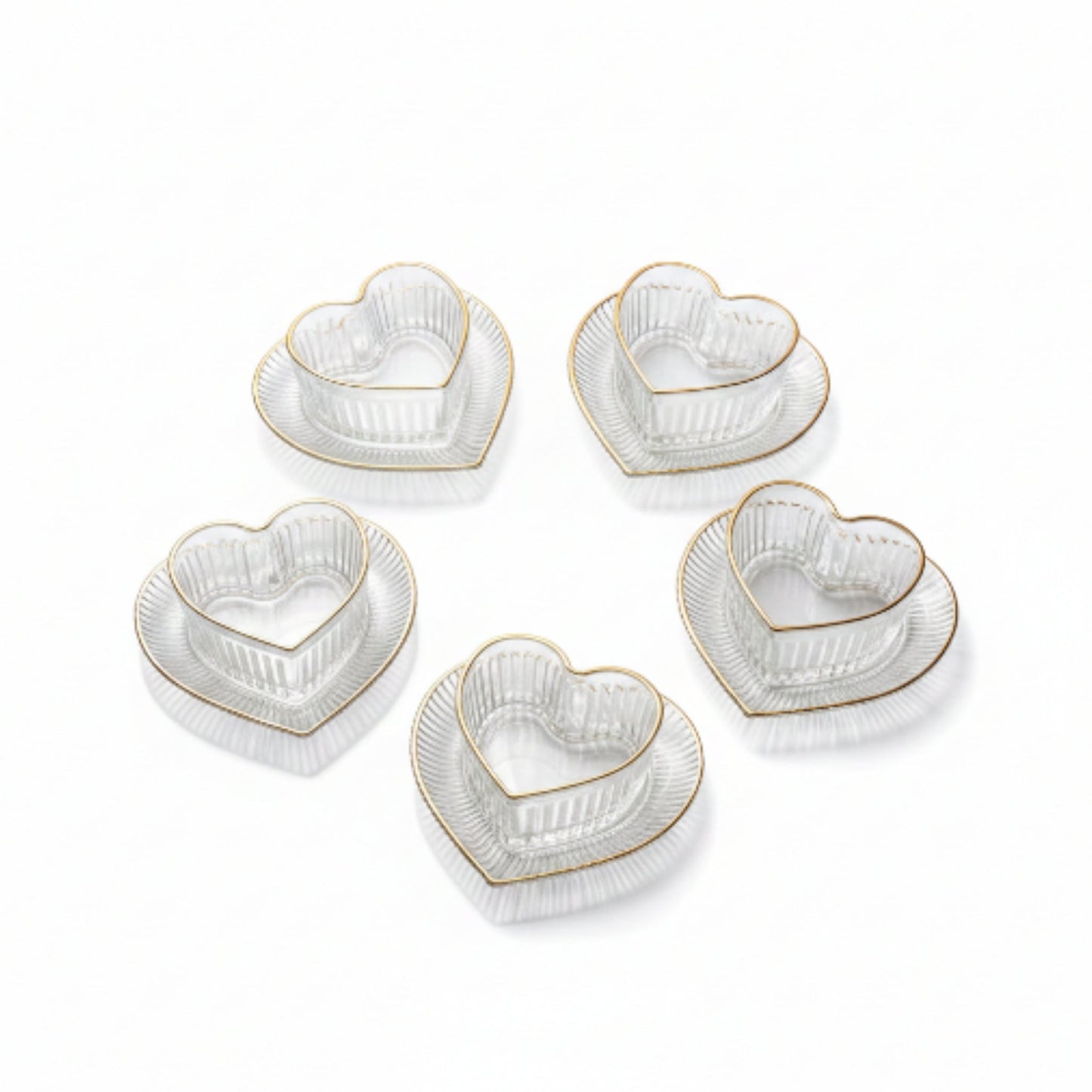 12pc Heart Gold Rim Dessert Bowl & Saucer Set – Elegant Glass Serving Set On White Background