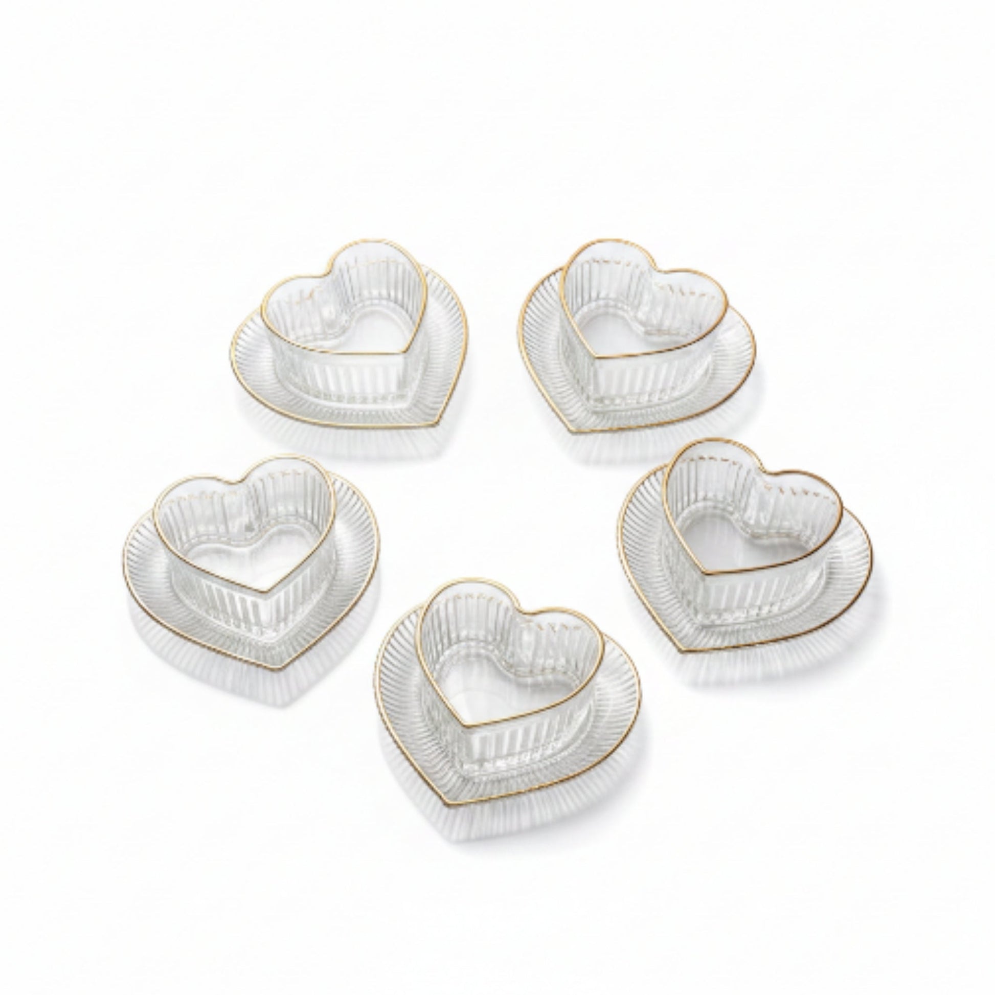 12pc Heart Gold Rim Dessert Bowl & Saucer Set – Elegant Glass Serving Set On White Background