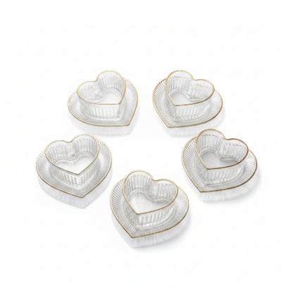 12pc Heart Gold Rim Dessert Bowl & Saucer Set – Elegant Glass Serving Set On White Background