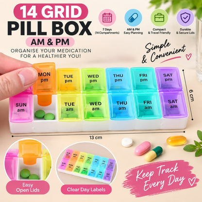 14 Grid AM & PM Pill Box – Weekly Medication Organizer with Morning & Evening Compartments